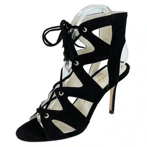 Bettye Muller Swell Black Leather Tie Up Womens Heels Size 5.5M EU 37